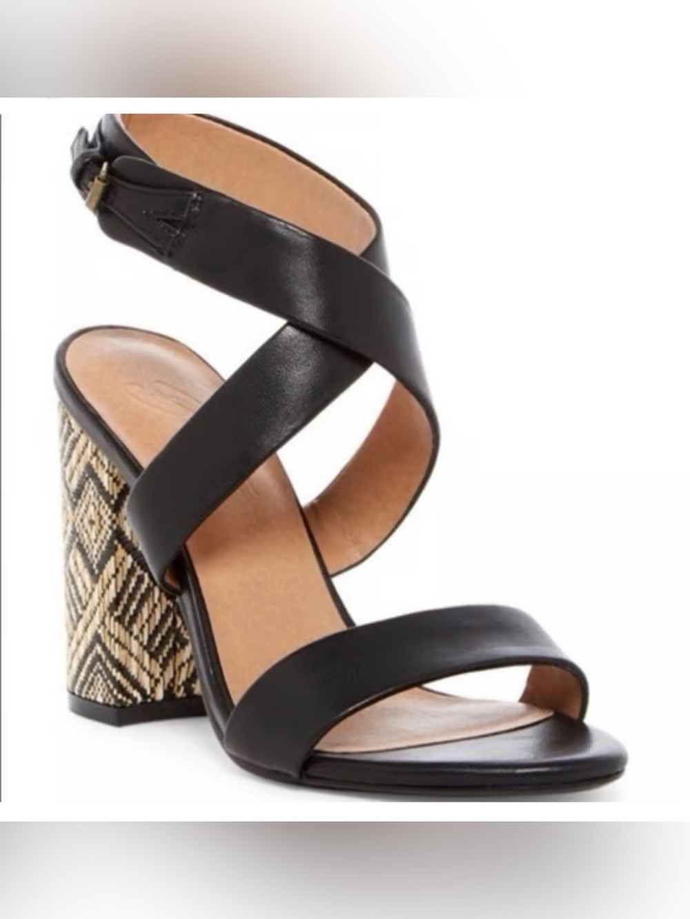 bettye muller Black Strappy Block Heel Sandals with Patterned Heel